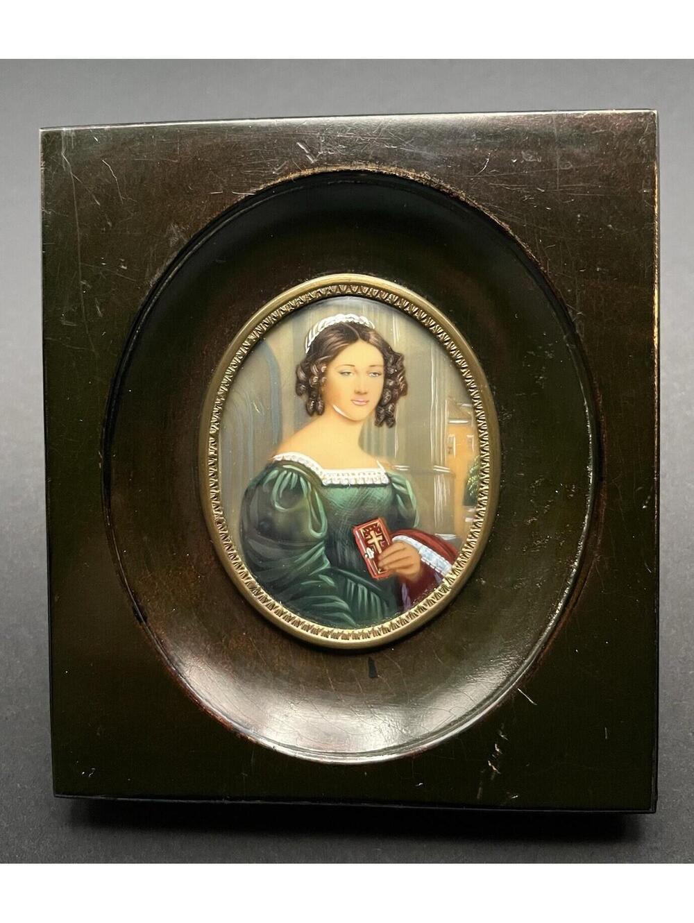 Antique 19C Miniature Portrait Lady Anna Hillmayer Empire Frame Bavarian
